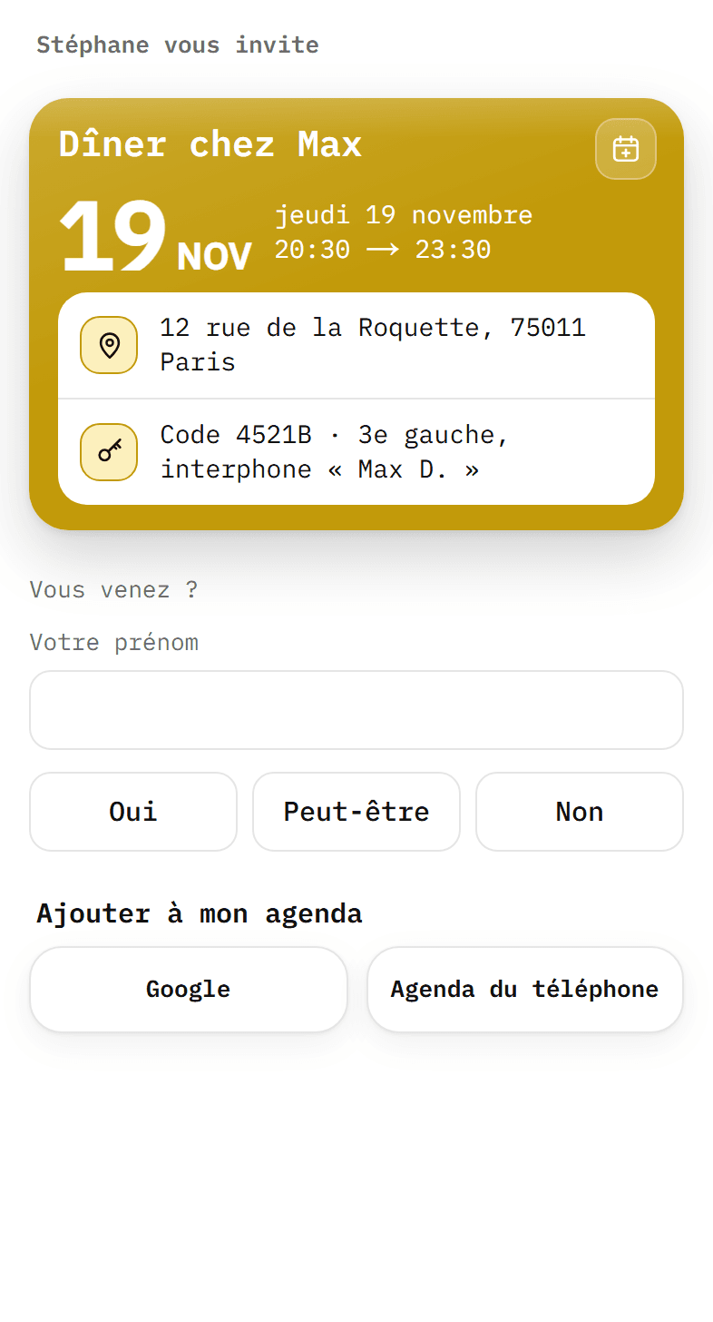 La carte « Dîner chez Max » vue par l'invité, avec « Ajouter à mon agenda »