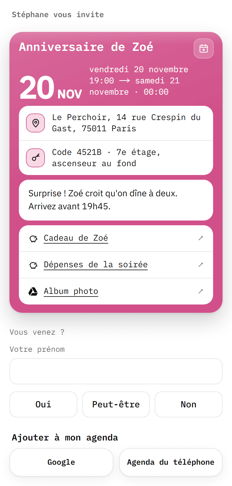 La carte « Anniversaire de Zoé » avec la cagnotte, les dépenses et l'album photo