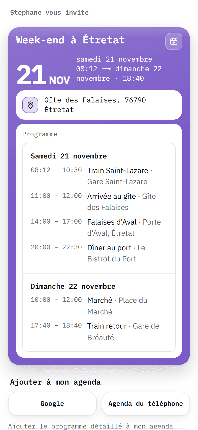 La carte « Week-end à Étretat » et son programme du samedi et du dimanche