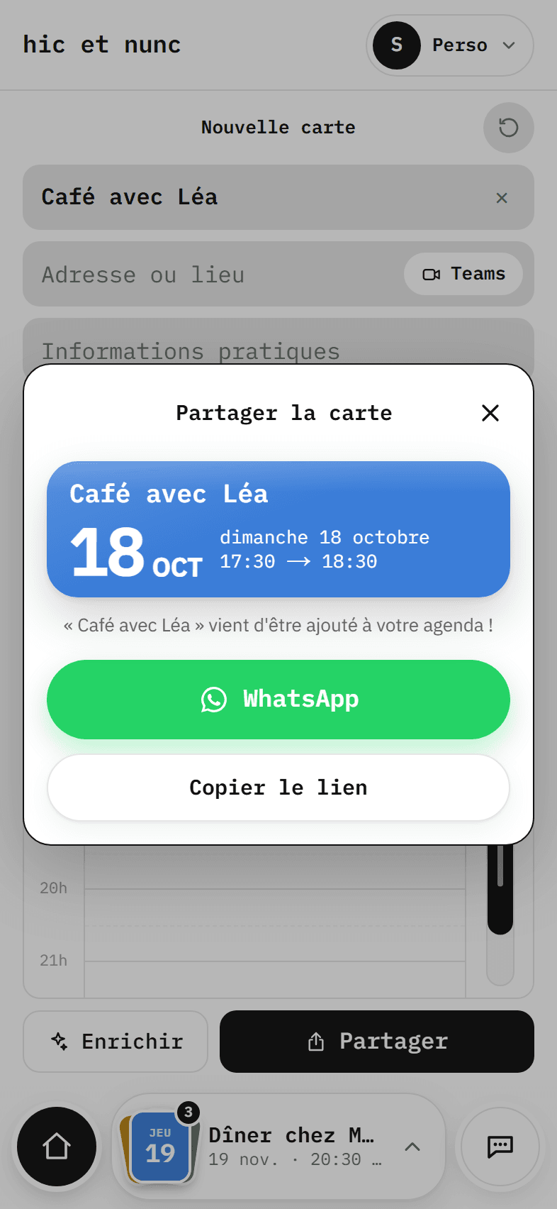 « Café avec Léa vient d'être ajouté à votre agenda ! », puis WhatsApp